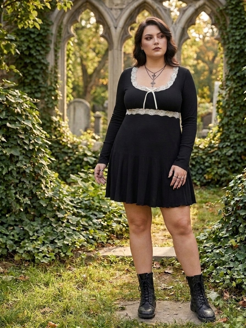 Vintage Black Lace Trim Empire Waist Long Sleeve Mini Dress Tunic Top Womens L